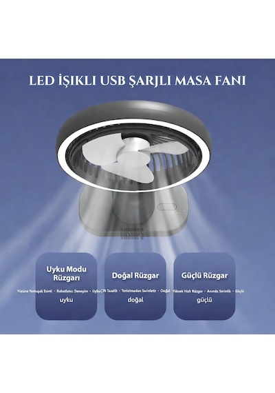 Usb Şarjlı Lambalı Masaüstü Mini Fan 3 Kademeli Hız Ayarlı 180 Derece Vantilatör