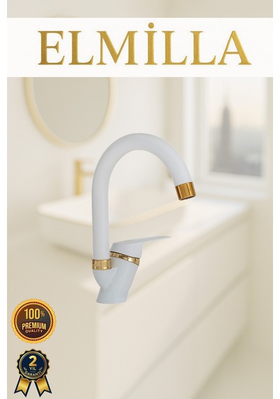 Beyaz Gold Banyo Lavabo Musluğu Bataryası Çeşmesi Baston Borulu Lüx Tasarım Çif Su Giriş