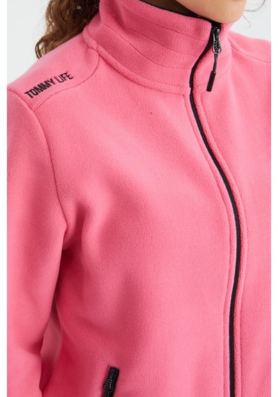Tommy Life Fuşya Dik Yaka Fermuarlı Rahat Form Kadın Polar Sweatshirt - 97173 Fuşya