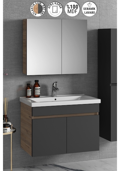 Çiğdem 80 Cm Atlantik Çam-Antrasit Gri Mat Mdf Seramik Lavabolu A Antrasit - Atlantik Çam