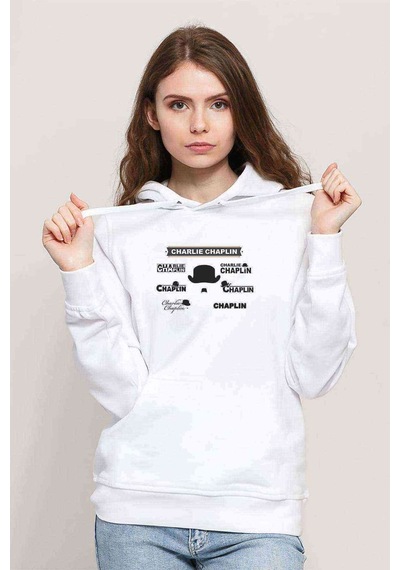 Charlie Chaplin Baskılı Beyaz Kadın Kapşonlu Sweatshirt (534776878)