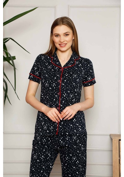 Farya Home Dreamy Pamuklu Yıldız Desenli Biyeli Kısa Kollu Gömlek Pijama Takımı Siyah Kırmızı Kırmızı - Siyah