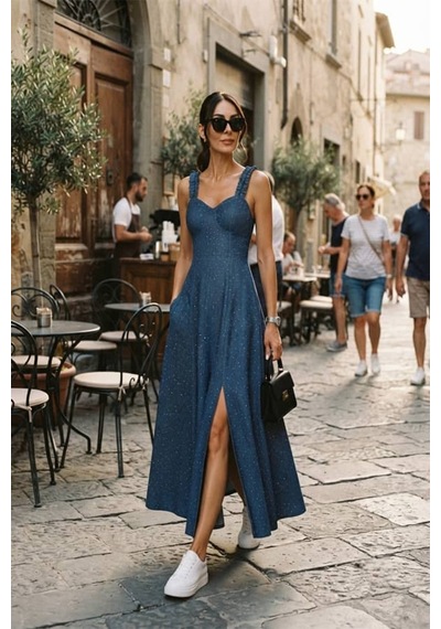 Maşuka Yazlık Sim Desenli Yırtmaç Detaylı Şık Tensel & Kot Kadın Elbise Denim Blue Denim Blue Maşuka Yazlık Sim Desenli Yırtmaç Detaylı Şık Tensel & Kot Kadın Elbise Denim Blue Denim Blue
