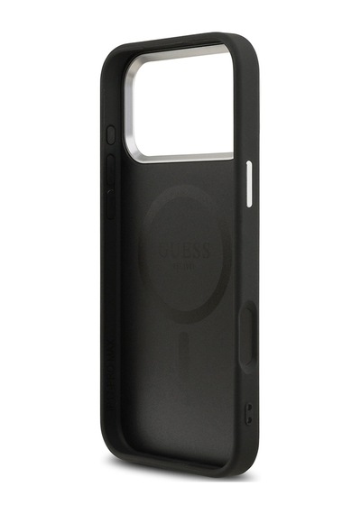 Apple Uyumlu iPhone 17 Pro Kılıf Guess Lisanslı M-safeli Pu Deri Metal Kamera Çerçeveli Üçgen Logolu Siyah Siyah