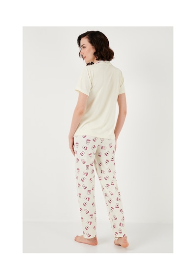 Lela Regular Fit Gömlek Yaka Kısa Kollu Bayan Pijama Takımı 65740102 Bej-Pembe