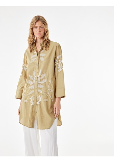 Koton Pamuklu Uzun Kollu Floral Dokulu Nakış Detaylı Oversize Uzun Gömlek Tunik Ekru Desenli 6sak60012ew