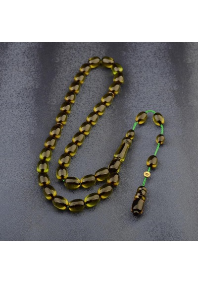 Sistem Püsküllü 11x8mm Kapsül Kesim İmzalı Ateş Kehribar Tesbih Sarı
