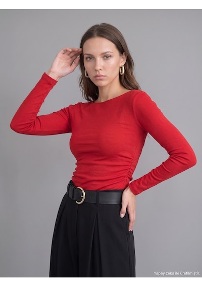 Dilvin 31401 Büzgülü Kayık Yaka Top-k.kırmızı