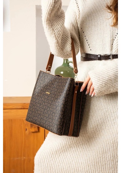 Just Polo Kadın Monogram Baskılı El Ve Omuz Çantası Ebat 25 X 25 Kahve Taba