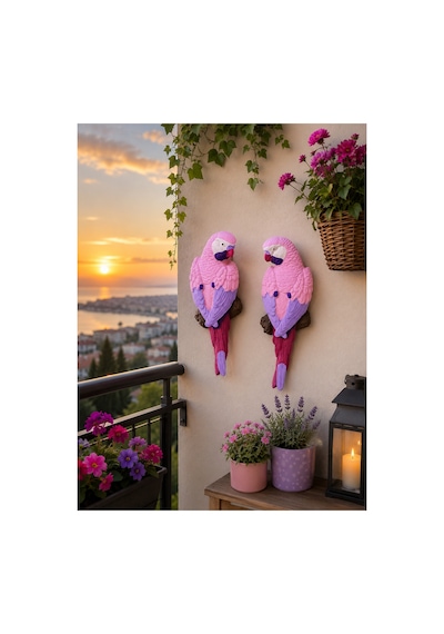 Amazon Papağan Çifti Duvar Süsü Balkon, Bahçe Ve Teras Dekoru Pembe