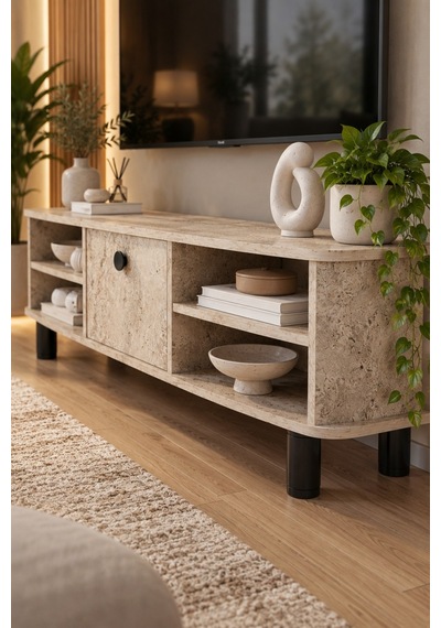 Sulorahome Ekru Traverten Desenli Suntalam Tv Sehpası 136 Cm