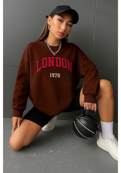 Benroma 3 İplik Penye London Baskılı Unisex Sweatshırt Kahverengi