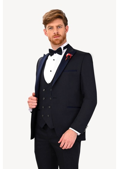 Ysf Erkek Lacivert Slim Fit Yelekli Çıkma Şal Yaka Damatlık