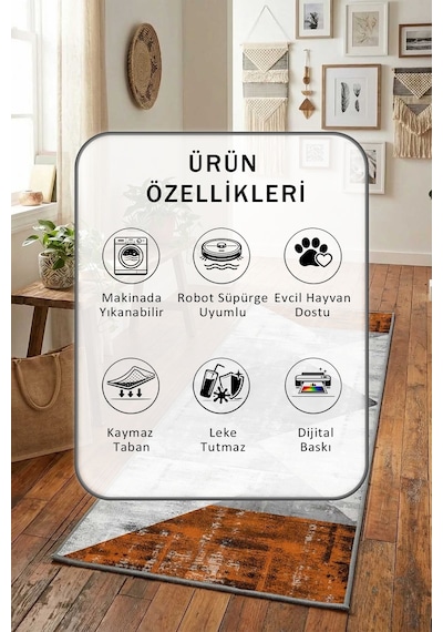 Ehl-22 Salon Mutfak Yatak Odası Yıkanabilir Yolluk Açık Gri