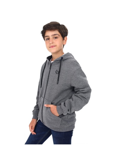 Toontoy Kids Toontoy Erkek Çocuk Kapüşonlu Fermuarlı Cepli Düşük Omuz Baskılı Örme Hırka - 3 İplik Şardonsuz Antrasit Melanj