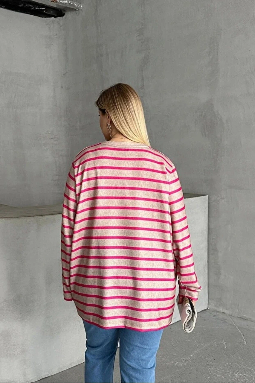 Mamayaga Kadın V Yaka Büyük Beden Oversize Kalıp Geniş Tunik Boy Yırtmaçlı Çizgili Uzun Kol Curve Yumoş Bluz Pembe