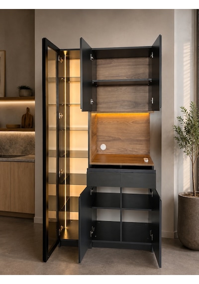 Noir Antrasit Kahve Köşesi Dolabı Led Aydınlatmalı Reflekte Camlı 2 Çekmeceli 200x100x40 Cm Antrasit Ve Ahşap Noir Antrasit Kahve Köşesi Dolabı Led Aydınlatmalı Reflekte Camlı 2 Çekmeceli 200x100x40 Cm Antrasit Ve Ahşap