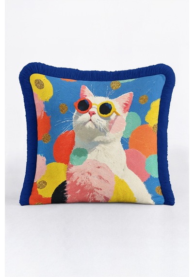 Renkli Kedi Figürlü Pop Art Saçaklı Yastık Kılıfı - Eğlenceli Pembe Lacivert Püsküllü Kırlent Kılıfı Serin Lagün Lime