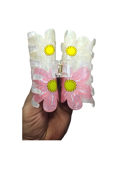 Pembe Beyaz Çiçek Desenli Kemik Saç Tokası Bahar Temalı 9 Cm Mandal Toka