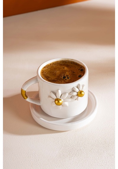 Rivaistanbul Gold Papatya Amore El Yapımı Seramik Double Kahve Fincanı Mug Kupa Krem
