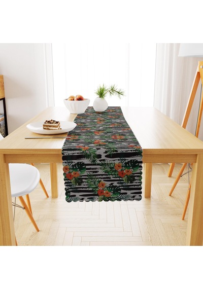 Yaprak Desenli Siyah Beyaz Zemin Turuncu Yeşil Dijital Baskılı Petek Dokuma Runner 40x140