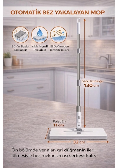 Tüm Bezlerle Uyumlu Click Akıllı Mop Paleti Xl Kıskaçlı Mop El Değmeden Mop Aparatı Cam Çek Çek