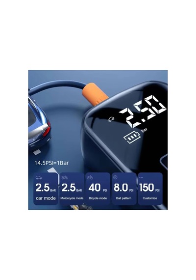 Dijital Kablosuz Şarjlı Hava Kompresörü, Taşınabilir Araç Lastik Bisiklet Top Şişirme Pompası, Lcd Ekranlı Mini Kompresör, Powerbank Özellikli Otomatik Basınç Ayarlı Hava Pompası
