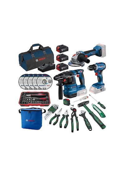 Bosch Gsr 18v-45 + Gws 18v-8 + Gbh 18v-22 3x18v 4.0ah Akülü Kombo Kit + 66 Parça El Aleti Seti + Termos Çantalı