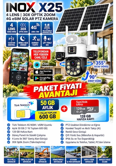 Inox X25 4 Lensli 4g Esım Solar Ptz Güvenlik Kamerası