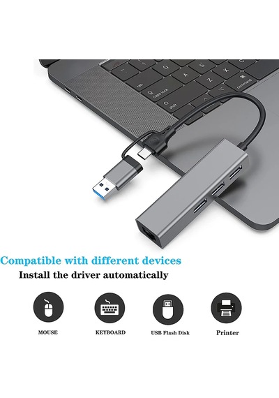 Usb Type C/usb A 4 Ü 1 Arada Hub Rj45 Ethernet Lan + 3x Usb 3.0 Port 5gbps Çoklayıcı Adaptör
