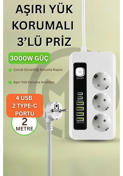 Pro P10 3x Priz 3000w Akım Korumalı 4x Usb 2x Type-c Girişli Çoklu Priz 0.2 M