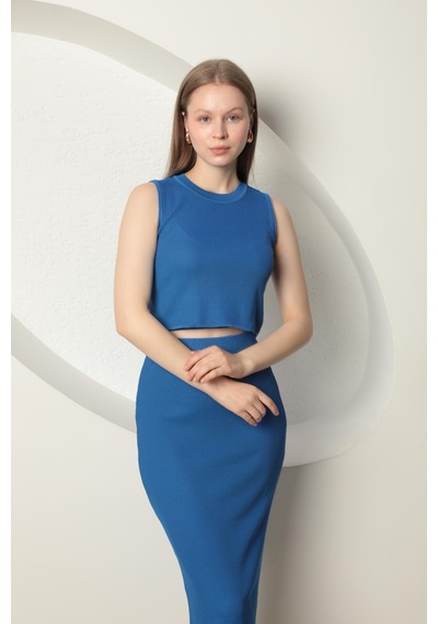 Chıcnhappy Triko Kumaş Croplu Etek Kadın Takım Saks Mavisi - %100 Polyester Saks