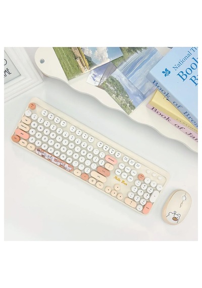 Geezer Hello Bear Kablosuz Klavye Mouse Seti 2.4g Sevimli Ayıcık Desenli Yuvarlak Tuşlu 104 Tuş Renkli Set Optik