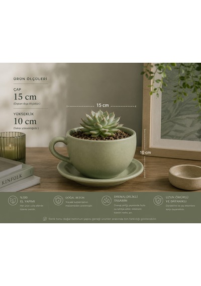 Momiko Beton Fincan Saksı - Adaçayı El Yapımı Sukulent Saksısı