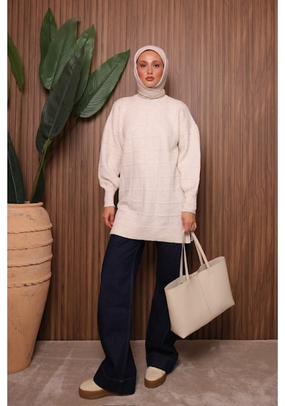 Balenbi Kare Dokulu Oversize Yumoş Tesettür Triko Tunik 7012 Ekru