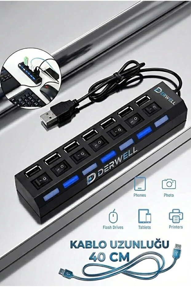 7 Port Usb Çoklayıcı Hub Anahtarlı Aç/kapa Düğmeli Işıklı Usebe Çoğaltıcı Hub Switch Tak Çalıştır
