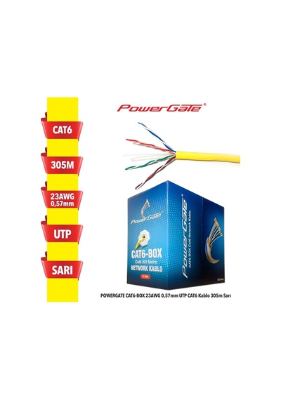 Powergate Cat6-box-yl, 23awg, 0,57mm, Utp, Cat6 Kablo, 305m, Sarı