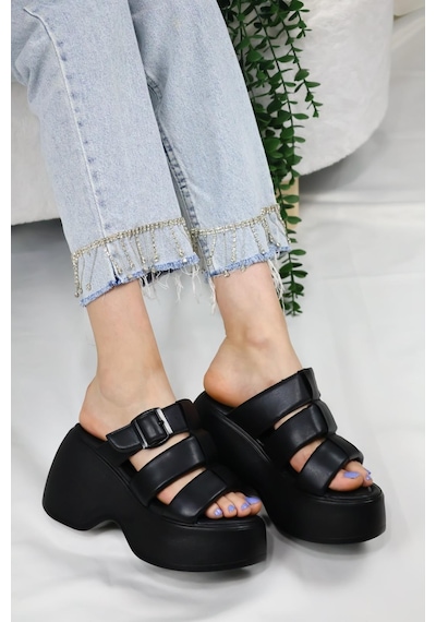 Asmi Shoes Kadın Mikeno Üç Biyeli Toka Detaylı Kalın Taban Ortopedik Terlik Siyah Siyah