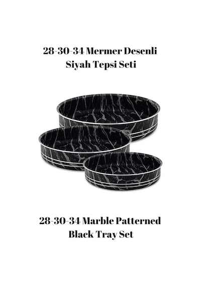 Bonera Montella 3'lü Mermer Desenli Si Yah - Beyaz Tepsi 28-30-34 Cm Siyah