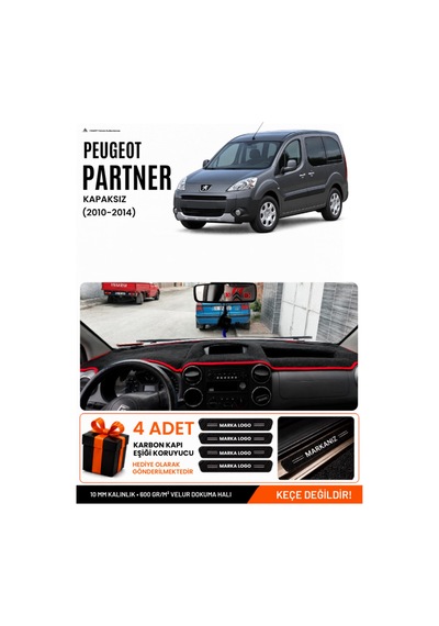 Peugeot Partner Ekranlı Kapaksız 2010-2014 Uyumlu Torpido Örtüsü - Siyah Kırmızı