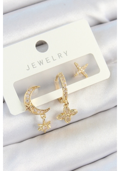 Pirinç Zirkon Taşlı Çiçek Ve Ay Model Gold Renk 3'lü Çift Kadın Küpe Set - Tj-bkp10827 Diğer
