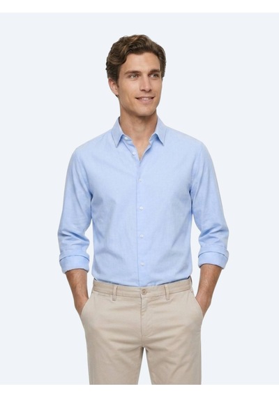 Kip Mavi Çizgili Regular Fit Uzun Dokuma Casual %100 Pamuk Gömlek
