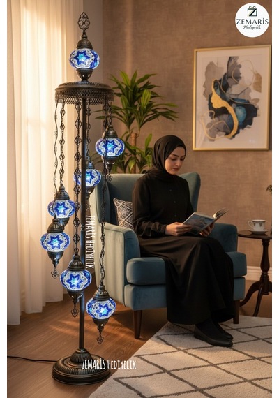 El Yapımı Otantik Mozaik Lambader 7 Li 6+1 Camlı Lacivert - 857622442 Diğer