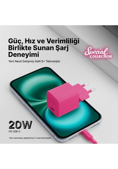 Smartcharger Gan 20w Pd Seyahat Hızlı Şarj Aleti+usb-c-lightning 120cm Kablo Neon Pembe