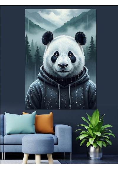 Ahşap Tablo Yağmurdaki Kapüşonlu Panda