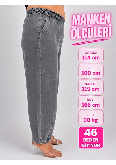 Büyük Beden Denim Beli Latikli Taş Baskılı Balon Kesim Kadın Pantolon Gri
