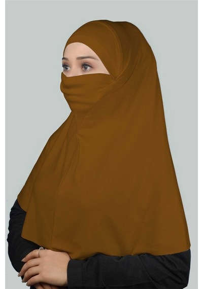 Altobeh Hazır Türban Peçeli Pratik Eşarp Tesettür Nikaplı Hijab - Namaz Örtüsü Sufle (XL) - Taba