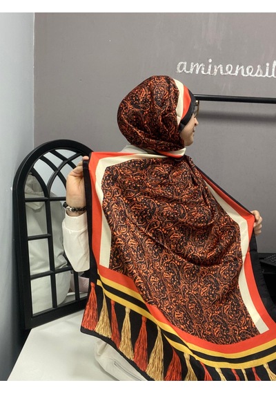 Aminenesil Cardion Premium Etnik Desen Şal Turuncu Siyah Renk Açık turuncu