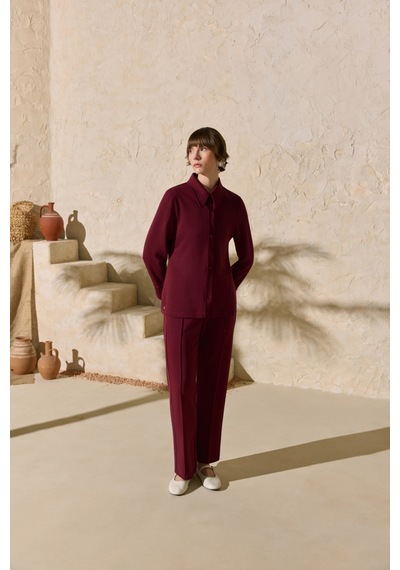 Aker Bordo Gömlek Yaka Pijama Üstü Bordo Bordo