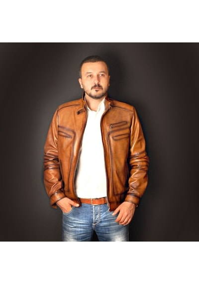 Deriwork Hakiki Kuzu Derisi Taba Erkek Deri Mont Dört Cepli Fermuarlı Deri Ceket Taba